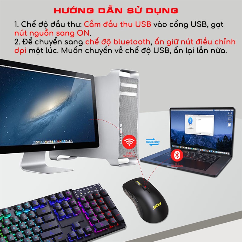 Chuột máy tính gaming bluetooth không dây wireless 2.4G Ggear MG865 chế độ kép 2400dpi cho macbook ipad smartphone