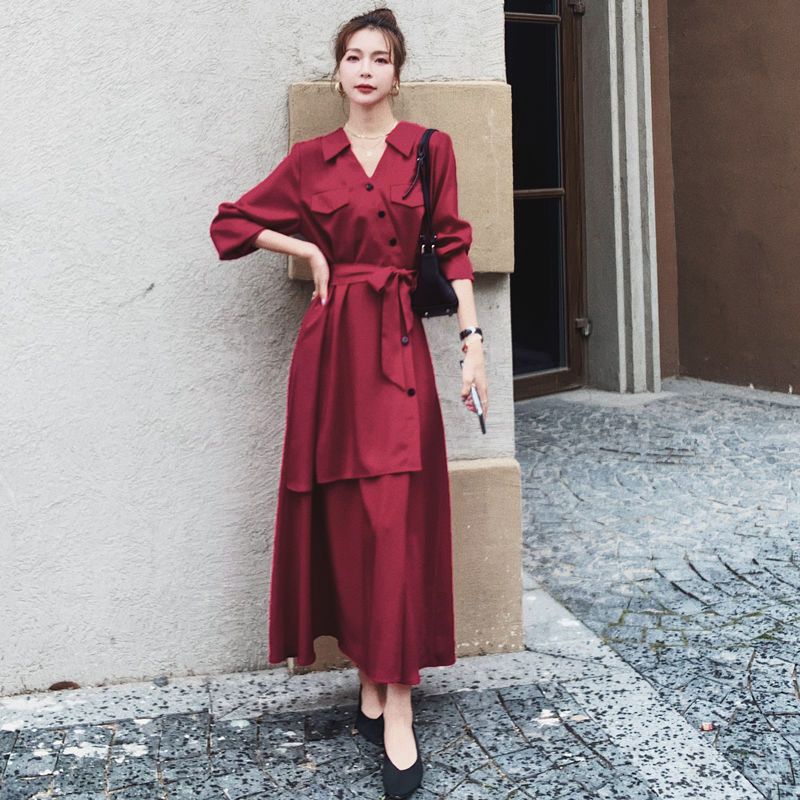 Đầm Dài Tay Thiết Kế Không Đồng Đều Màu Đỏ Rượu Vang Phong Cách Pháp Thời Trang Mùa Thu Mới 2022