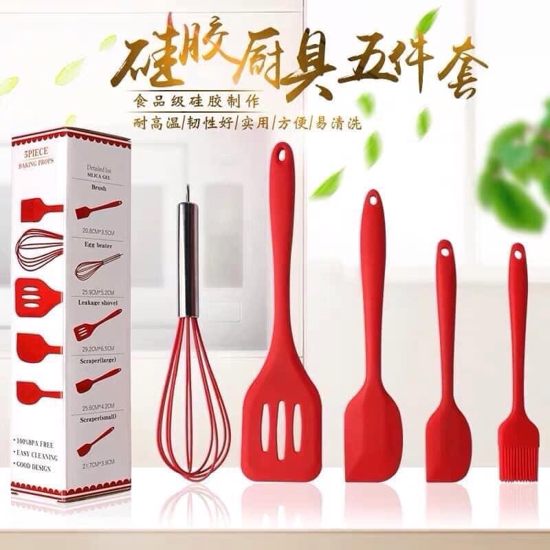 Bộ dụng cụ làm bánh 5 món silicon, nấu ăn, trà sữa, chè gồm chổi, spatula trộn bột, đánh trứng, xẻng silicone chịu nhiệt