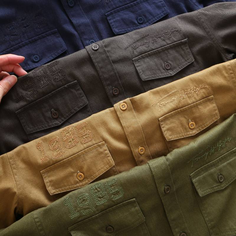 Áo sơ mi Kaki tay ngắn túi hộp -Áo khoác Kaki gam màu Retro cổ điển Logo thêu - 4 Màu II TM