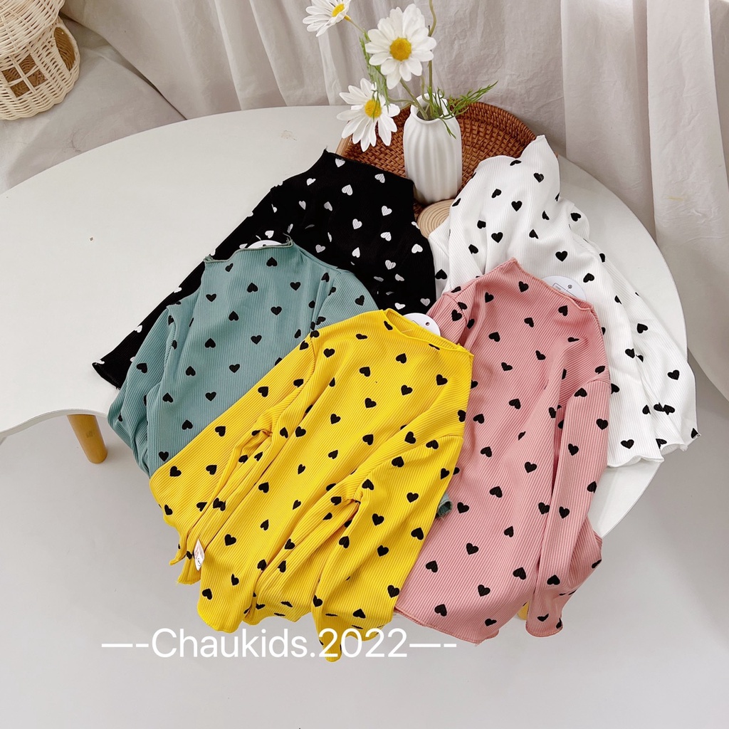 [SALE] Áo Cổ Lọ Cho Bé Gái Vải Thun Tăm Hoạ Tiết Trái Tim, Áo Thun Cho Bé Mặc Nhà Thu Đông CKAD01