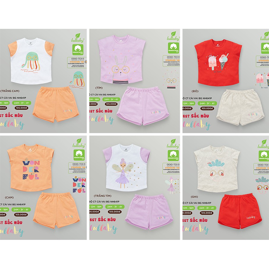 (6 tháng->4 tuổi) Bộ cộc tay cài vai bé gái Lullaby chất cotton cao cấp (NH641P)