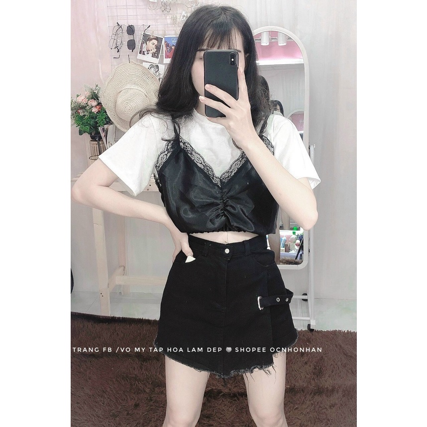 Sét áo phi bóng viền ren nhúm ngực kèm áo tay ngắn croptop cực xinh ut