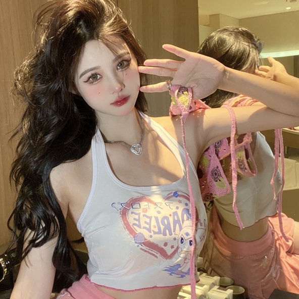 Áo Dệt Kim Hai Dây In Họa Tiết 【ZHELIHANGFEI】 Thời Trang Quyến Rũ Cho Nữ