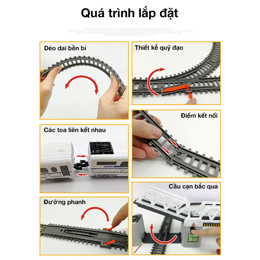 Bộ đồ chơi lắp ráp tàu cao tốc  KAVY chạy đường ray gồm nhiều chi tiết nhà, đèn báo hiệu (gồm 5 toa tàu)