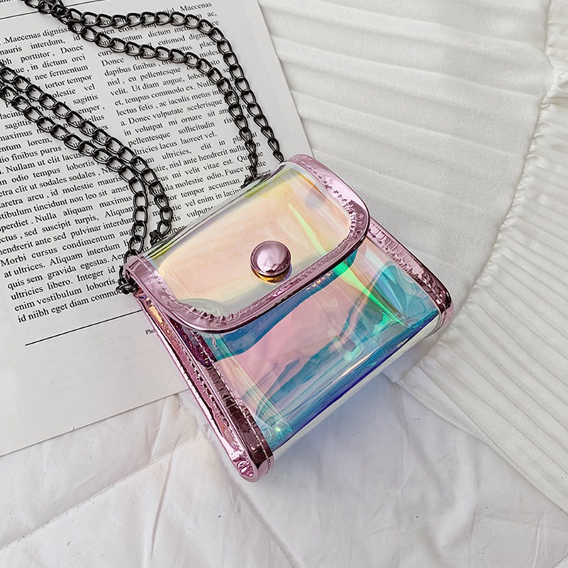 Túi đeo chéo Ielgy dáng vuông thiết kế nhỏ nhắn màu laser trong suốt đáng yêu dành cho bé gái