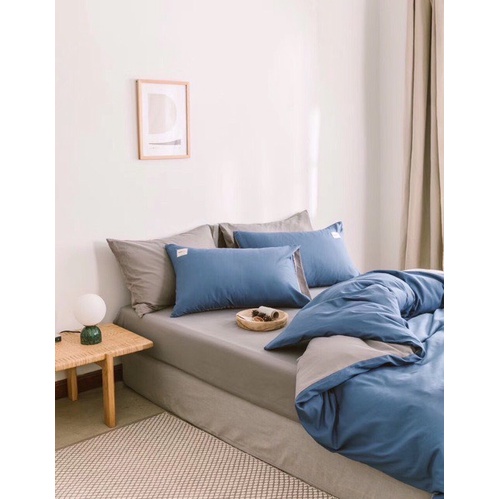 BỘ CHĂN GA GỐI COTTON TICI CAO CẤP ( CHĂN ĐÃ TRẦN BÔNG) MÀU XANH DƯƠNG XÁM - ĐỦ KÍCH THƯỚC