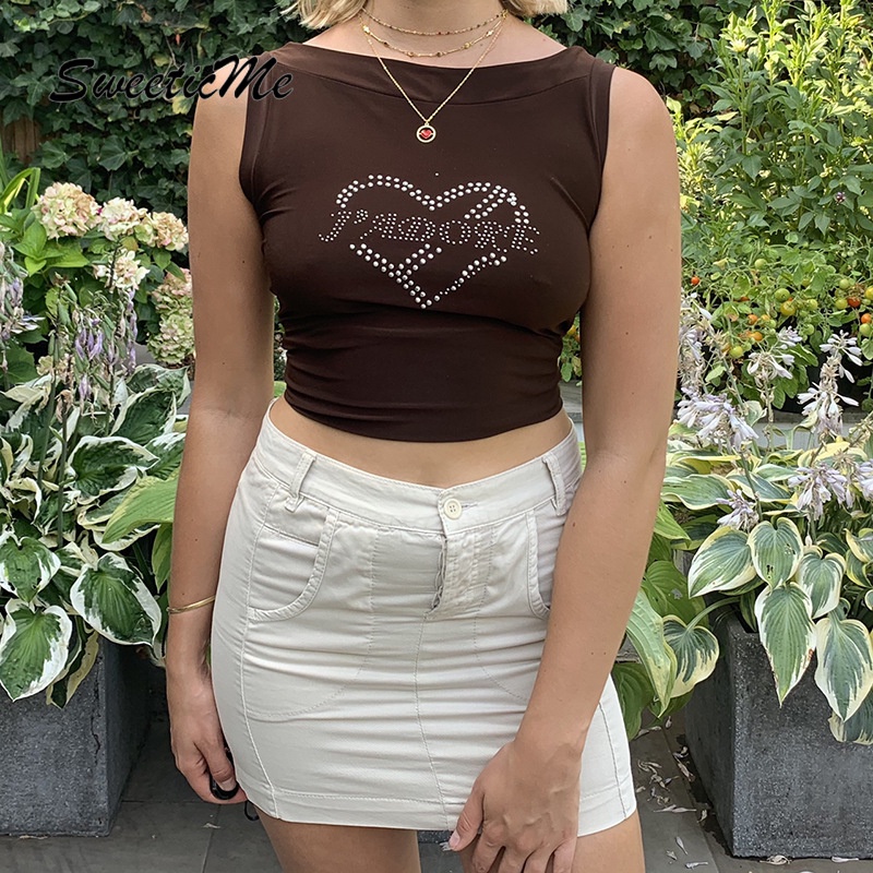 Crop Top Đính Đá Họa Tiết Chữ Hình Trái Tim Thiết Kế Mới Quyến Rũ Thời Trang Cho Nữ