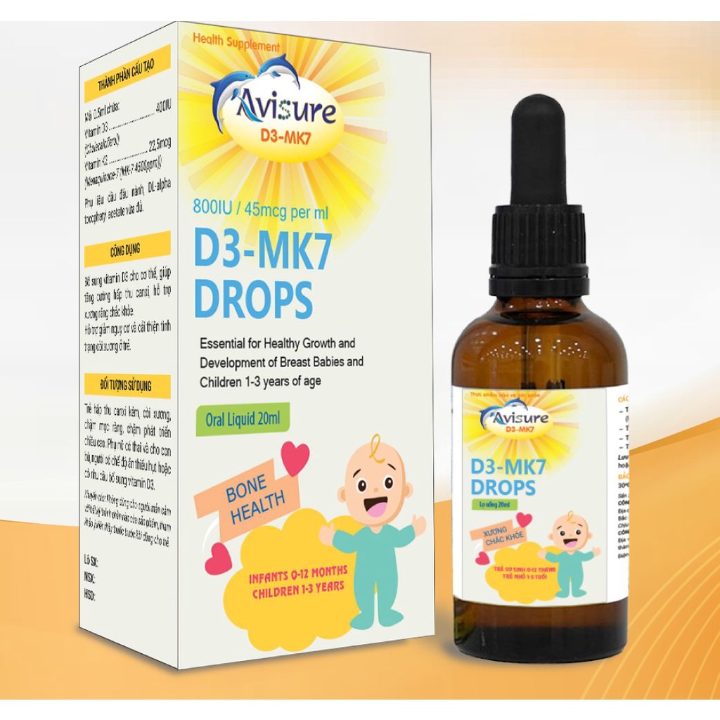 Avisure D3 - MK7 Drops - Bổ sung Vitamin d3 k2, canxi cho bé, giúp xương, răng chắc khỏe