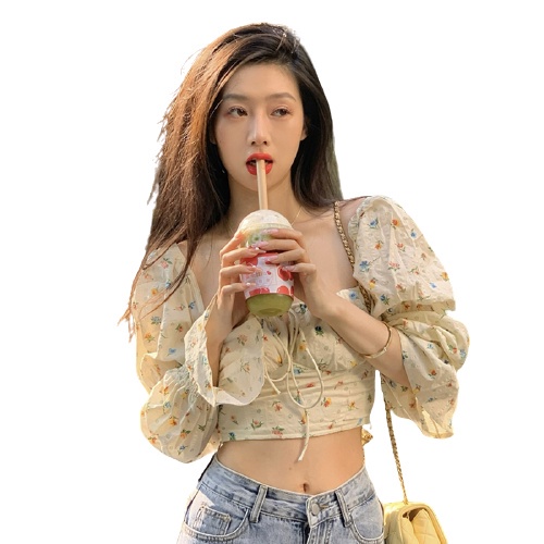 QKOOLE  Áo kiểu tay dài cổ vuông in họa tiết hoa phong cách Hàn Quốc thời trang cho nữ