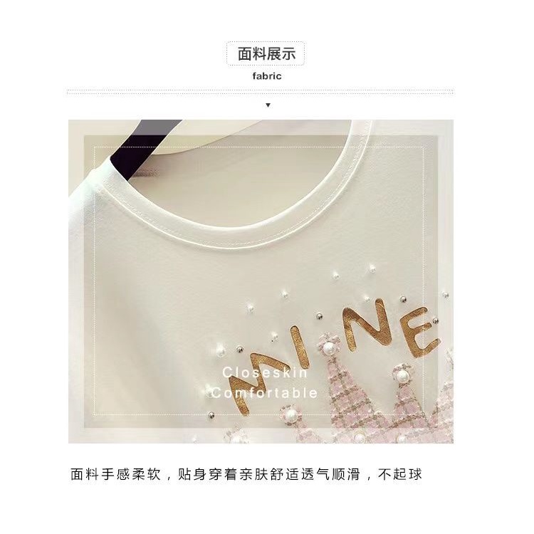 Áo thun cotton tay ngắn dáng rộng in hình đính hạt thời trang mùa hè phong cách Hàn Quốc 2022