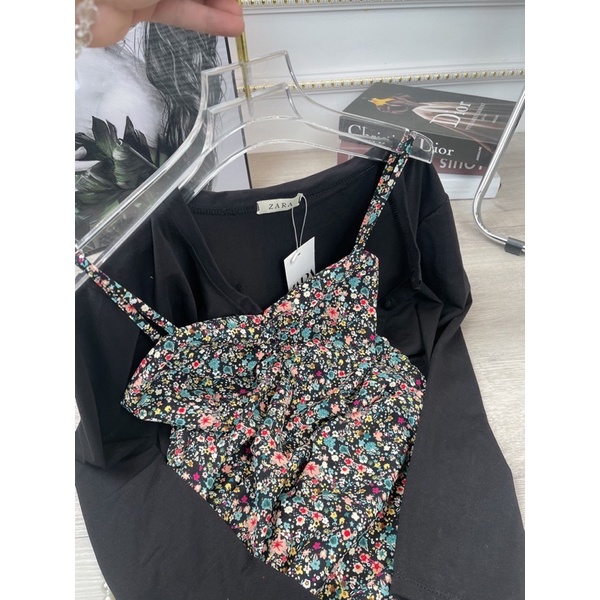 Set váy 2 dây hoa kèm áo khoác đen cardigan Váy 2s dúm hông áo cadigan