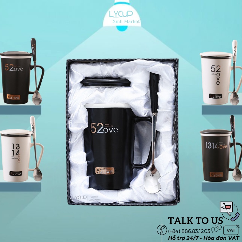 Ly cốc sứ cao cấp có nắp và thìa thông điệp Tiếng Anh dung tích 400ml kèm thìa cán sứ sang trọng