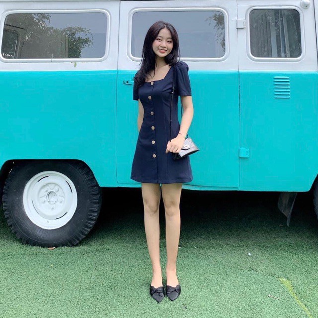 Đầm váy freesize cổ U nút dừa 2 màu