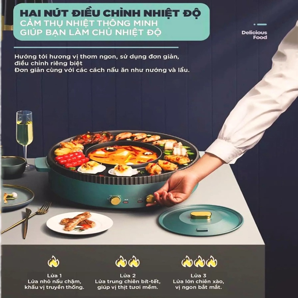 Nồi lẩu nướng đa năng 2 in 1, bếp lẩu nướng tròn không khói, chống dính, siêu tiện lợi cho mọi gia đình. Bảo hành 2 năm.