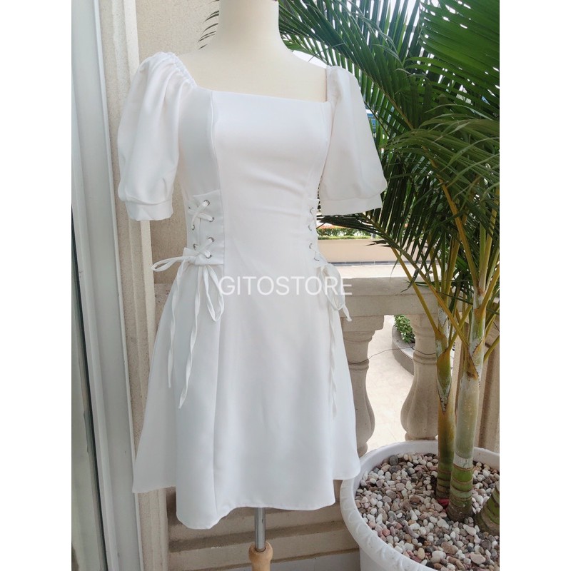 ĐẦM ĐEN CỔ VUÔNG  – VÁY NỮ TAY PHỒNG – TRẮNG ĐỎ ĐEN – GD087