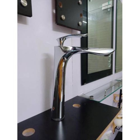 Vòi lavabo, bồn rửa mặt nóng lạnh kiểu dáng lá liễu bằng đồng mạ inox 30cm dành cho bàn đá