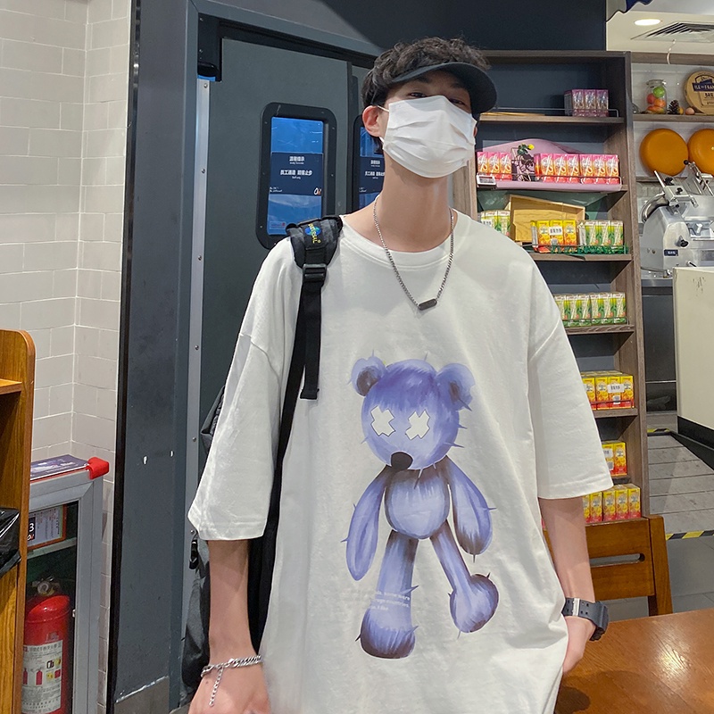 Áo thun tay ngắn cổ tròn dáng rộng in họa tiết gấu phong cách cá tính Hàn Quốc thời trang đường phố cho nam size S-8XL