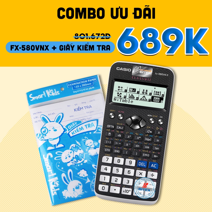 Máy tính Casio Fx-580VNX kèm giấy kiểm tra dành cho học sinh (sấp 20 tờ)