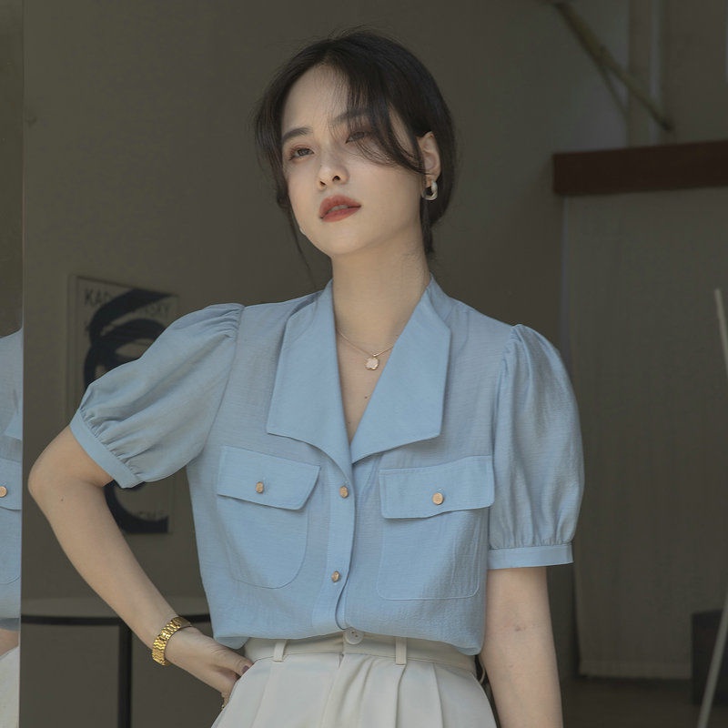 Áo Sơ Mi Nữ Tay Ngắn Mùa Hè Mới Màu Xanh