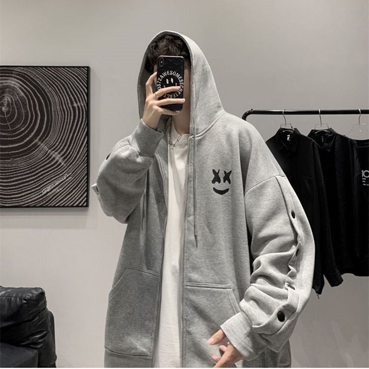 Áo khoác hoodie tay dài dáng rộng in hình mặt cười phong cách Hong Kong thời trang xuân thu cho nam
