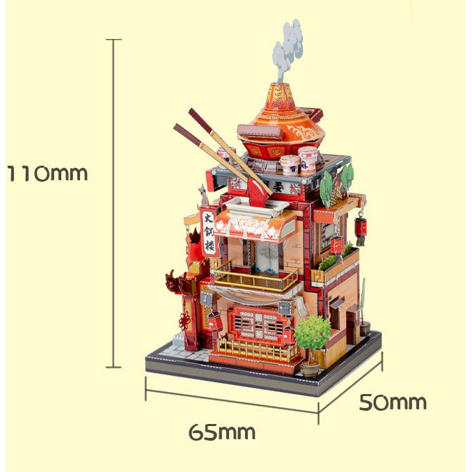 Mô hình lắp ghép kim loại 3d 4 tiệm hàng( tiệm lẩu-tiệm may-tiệm trà-sòng bạc) -tặng kèm đèn led (MU)