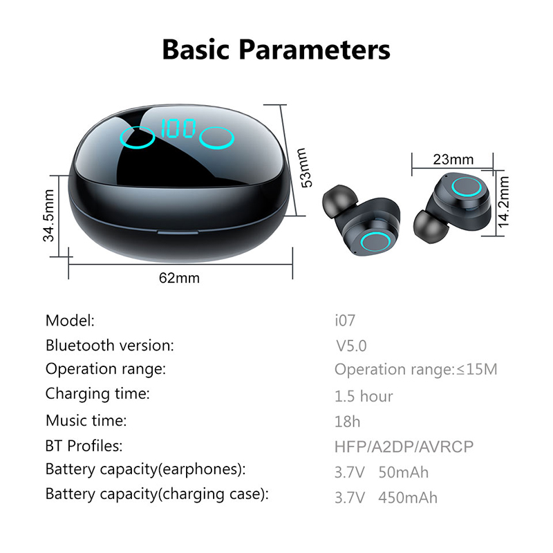 Tai Nghe Basspal I07 TWS Bluetooth Không Dây Stereo Dành Cho Điện Thoại Thông Minh/Laptop