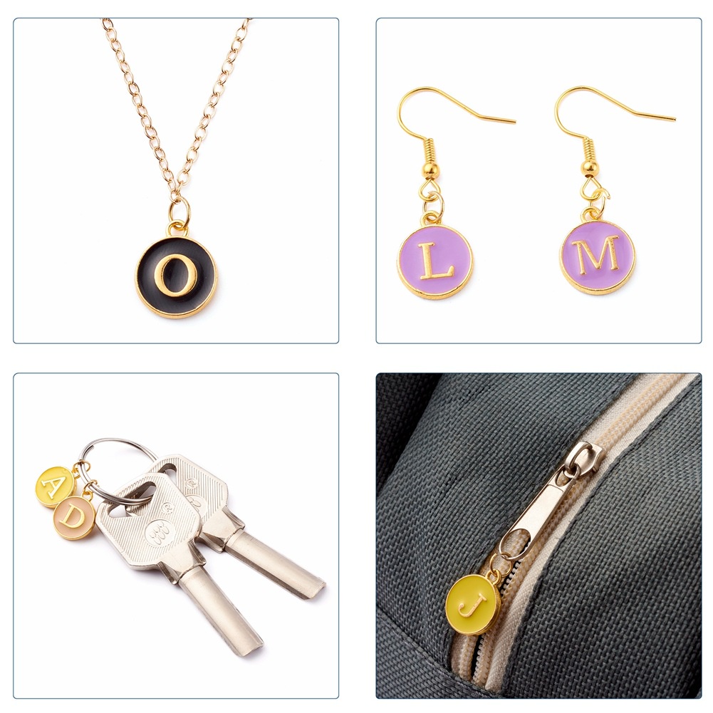 Bông Tai Móc Khóa Hình Tròn Bằng Hợp Kim Dầu Hồng In Chữ ABCDEFG Hai Mặt Diy