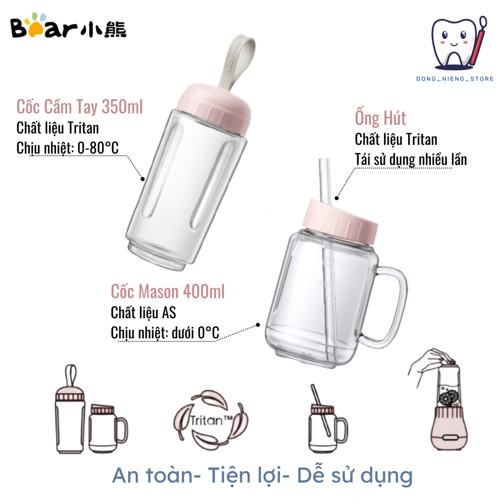 Máy xay sinh tố mini Bear LLJ- C04W1 cầm tay,2 cốc tritan 400ml 350ml kèm ống hút, màu hồng nhạt