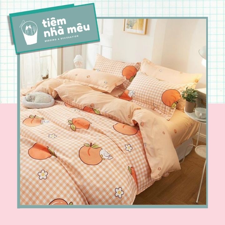 (Gia Sốc )Bộ Chăn Ga Gối Cotton 3D✨m6/m8/2m-Tiệm Nhà Mêu✨Set 4 Món 2Vỏ gối ,drap ,vỏ chăn Cotton 80% Vịt Trắng Phối Đào