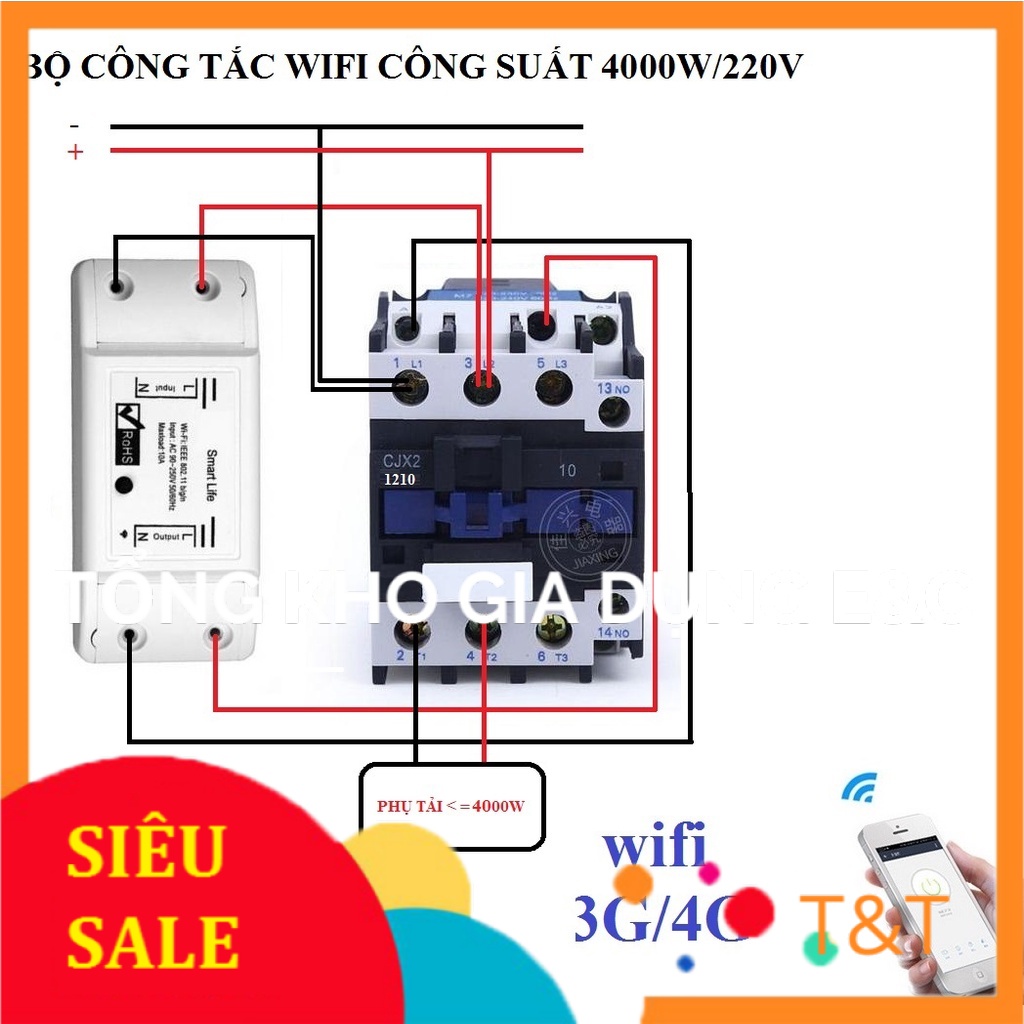 Bộ công tắc điều khiển từ xa hẹn giờ bật tắt bằng điện thoại kết nối wifi 3G 4G Smart Life và Khởi động từ CJX2 32A