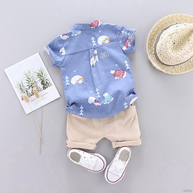 Set áo sơ mi tay ngắn in hình gấu hoạt hình kèm quần short thời trang cho bé trai