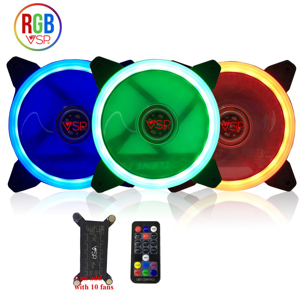 BỘ FAN LED RGB GỒM 3 Fan + Remote + Húp 10 Chân Cắm Fan