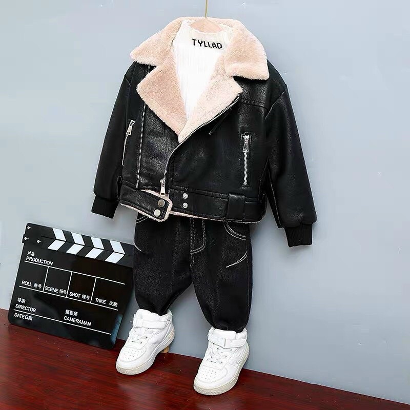 áo khoác da cổ lông lót lông bên trong áo cho bé trai 10-23kg