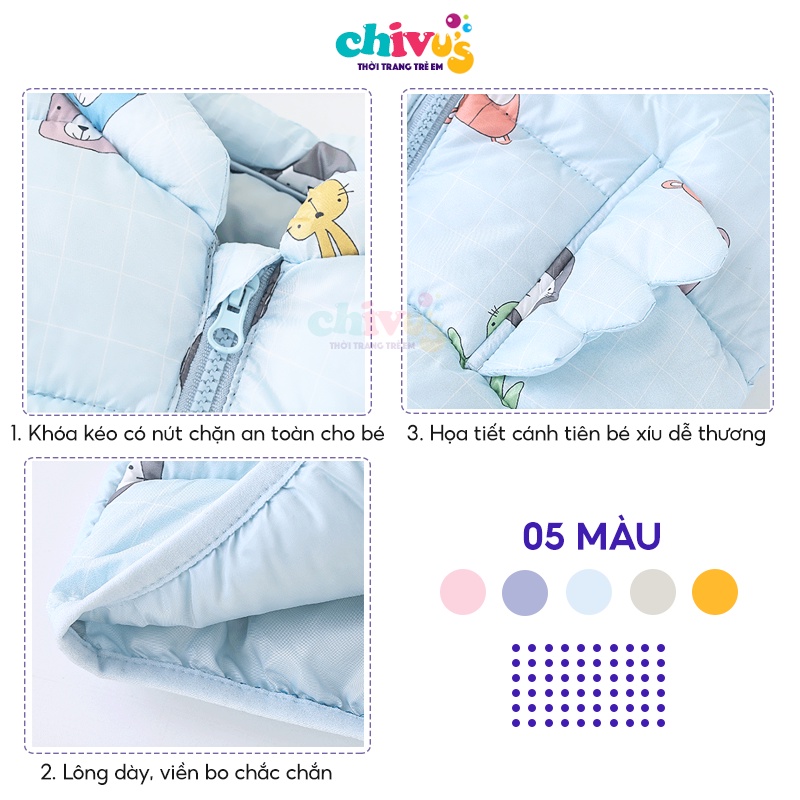 Áo gile phao cho bé CHIVU'sKID áo gile cho bé trai bé gái màu vintage họa tiết túi cánh tiên cách điệu rất dễ thương