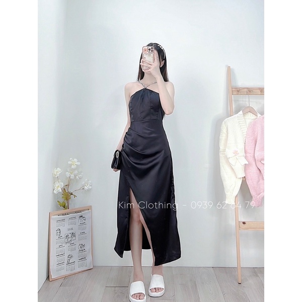 [Hàng sẵn - Hình thật] Đầm cổ yếm cúp ngực xẻ tà nhíu eo sang chảnh