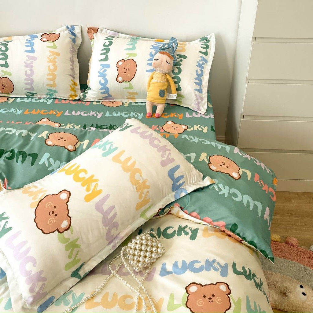 Bộ chăn ga gối cotton poly gấu chữ đủ size - Mẫu gấu &amp; chữ