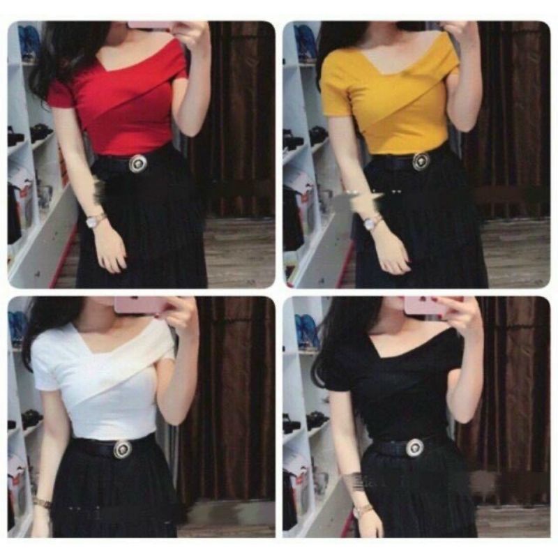 Áo croptop lệch vai 1 bên tay ngắn thun gân(A15)🦋🦋