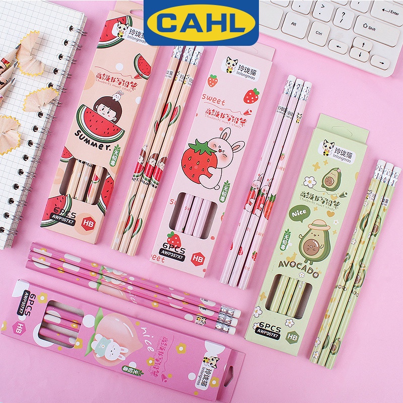 Set 6 Bút Chì Kèm Gôm Tẩy Họa Tiết Hoạt Hình Cho Học Sinh
