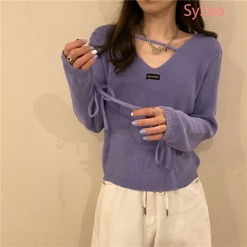 Áo Sweater Dệt Kim Tay Dài Cổ Chữ V Dáng Rộng Thoải Mái Cho Nữ