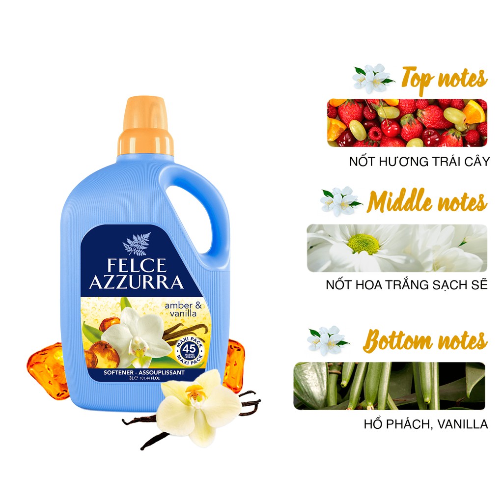 Nước xả vải hương nước hoa Ý Felce Azzurra 3L siêu thơm mềm mại, hương cỏ sả, vanilla, hoa hồng, phấn talc