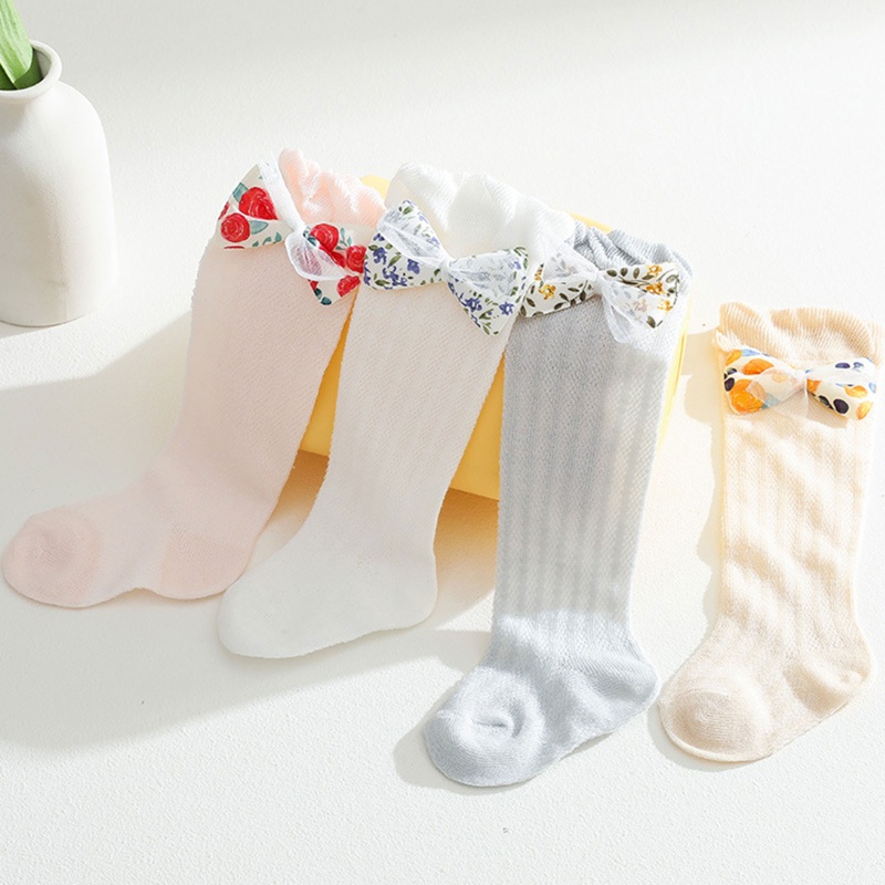 Tất Lưới Mỏng Dài Qua Gối Đính Nơ In Hoa Dễ Thương Cho Bé Gái Sơ Sinh