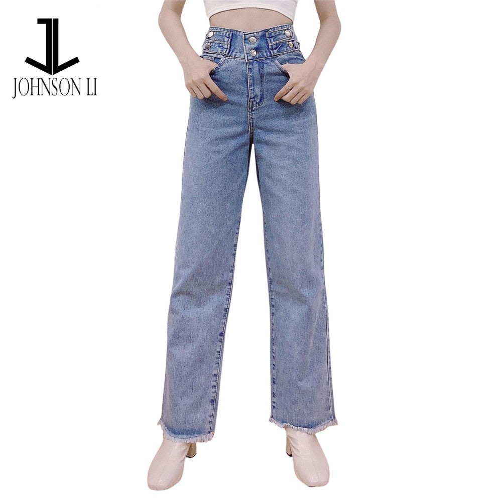 Quần baggy jean nữ lưng cao, cắt rách màu xanh jean LB597 JL JohnsonLi