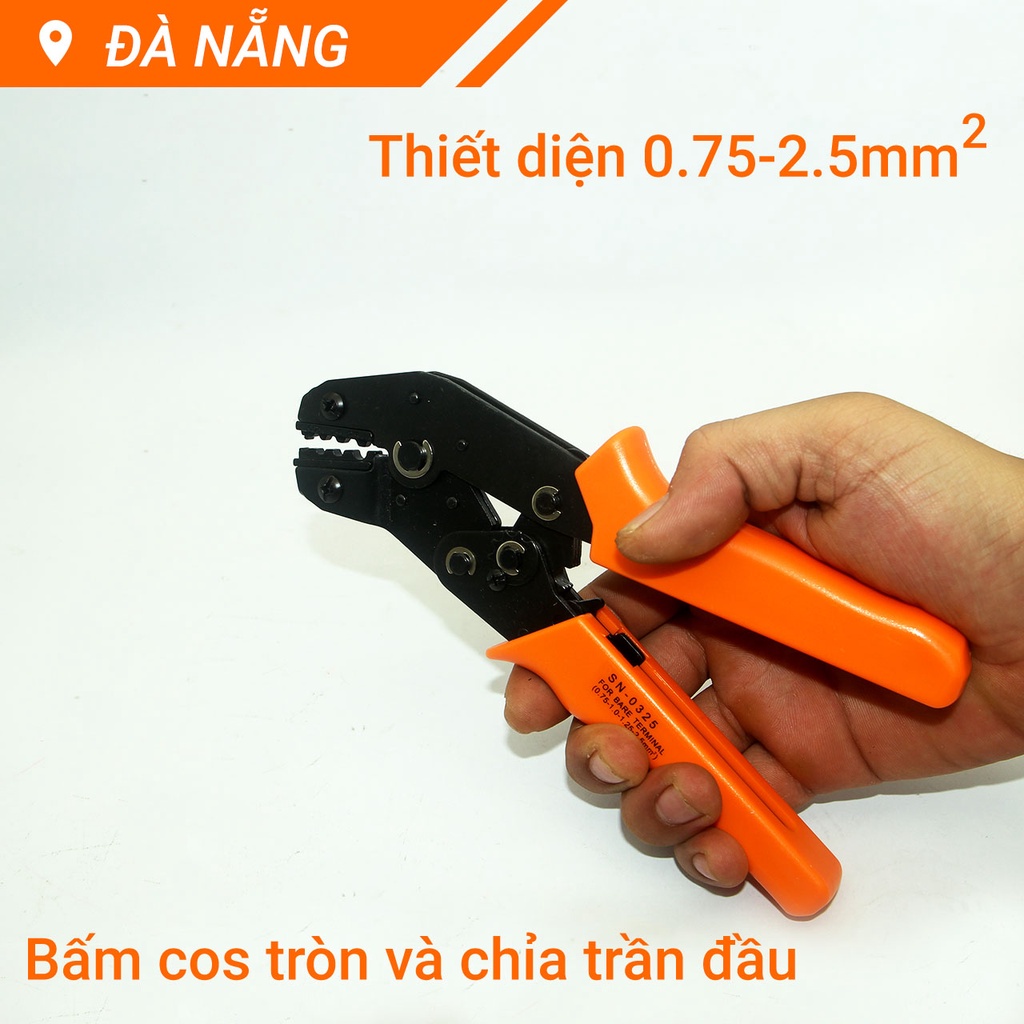 Kìm bấm cos tròn và cos chỉa trần đầu 0325 cho dây Φ 0.8-1.6mm hay thiết diện 0.75-2.5 mm² 20-14 AWG