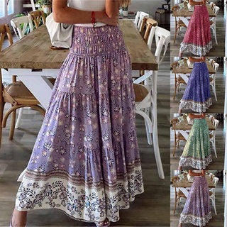 Chân váy maxi lưng cao xếp li in họa tiết hoa phong cách boho plus size