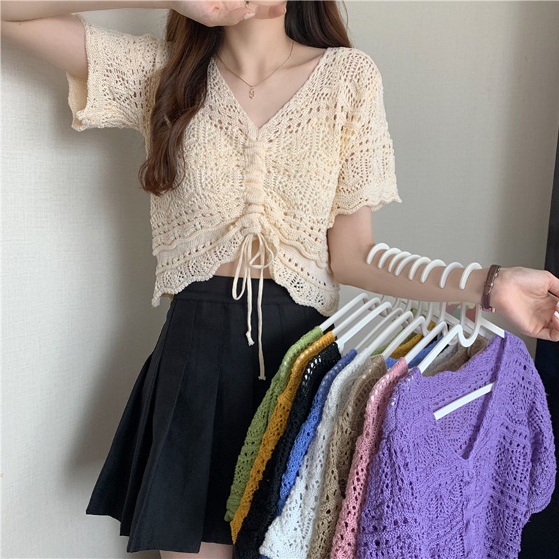 LEEVA - Áo croptop len dây rút ngắn tay mùa hè nhẹ nhàng A234