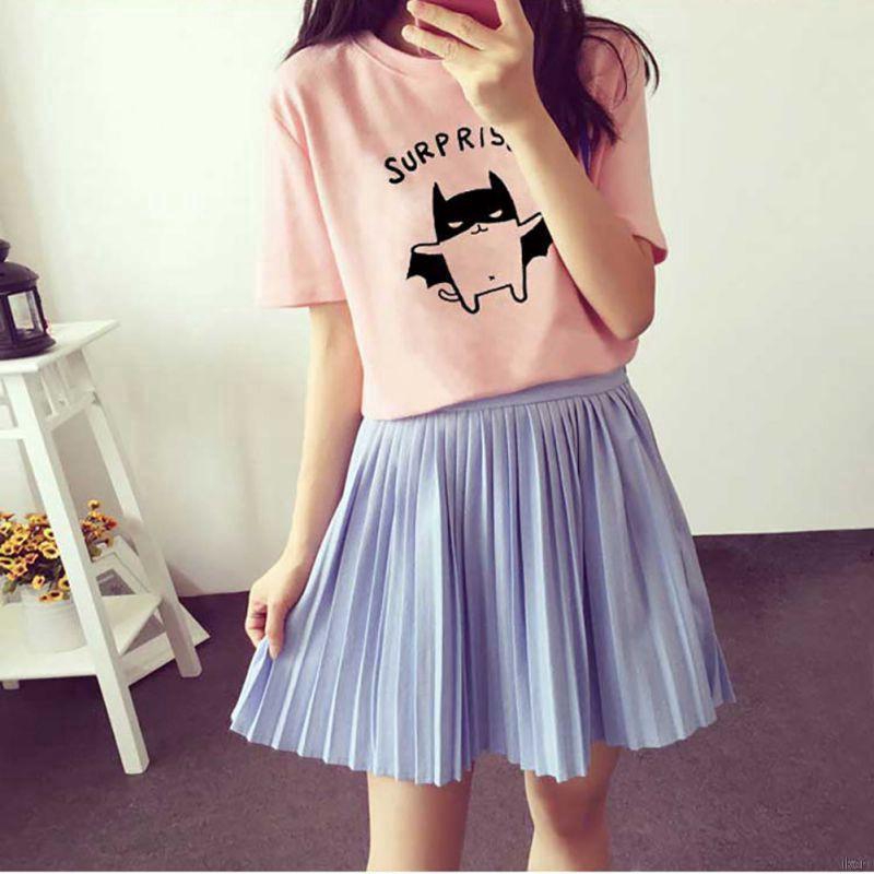 Áo thun ngắn tay cổ tròn trơn màu in họa tiết kiểu hoạt hình dành cho nữ