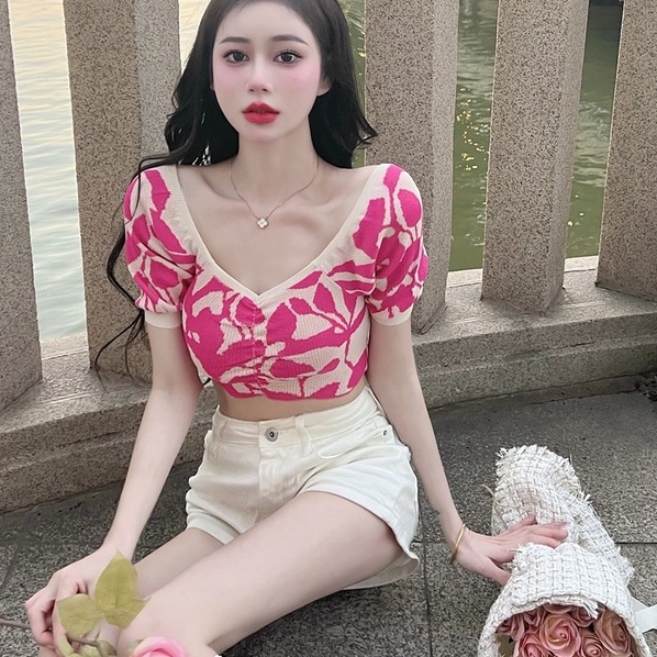 Áo dệt kim ZHELIHANGFEI tay phồng trễ vai gợi cảm cho nữ