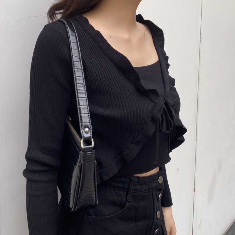 Áo Croptop Dài Tay Cách Điệu Hai Lớp Len Tăm Mềm Mại SAC08