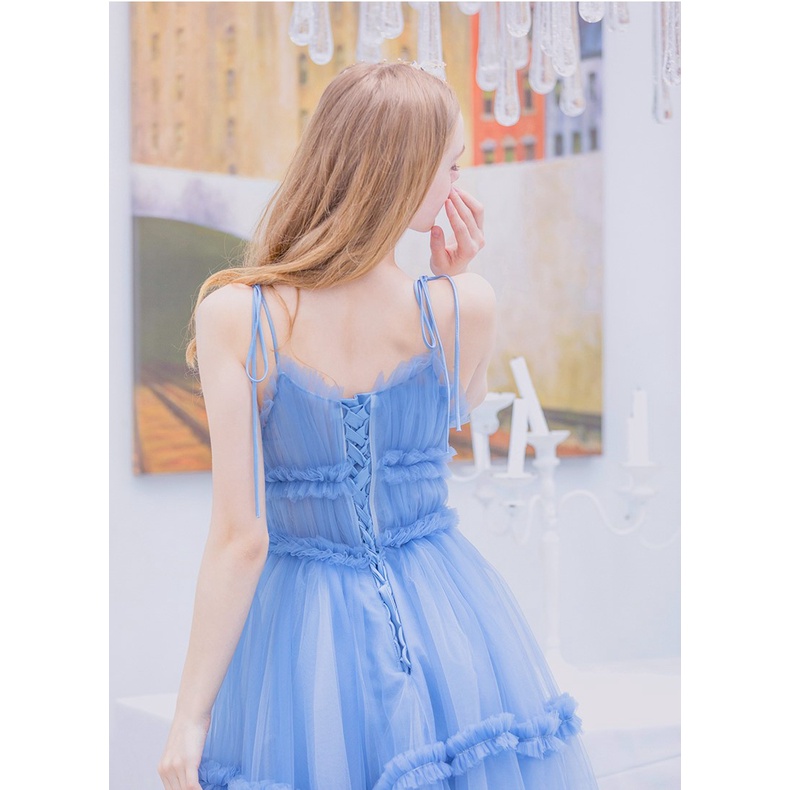 Đầm dạ hội hai dây cao cấp voan lưới viền tầng xòe màu xanh H139 Hỉn Hỉn Store